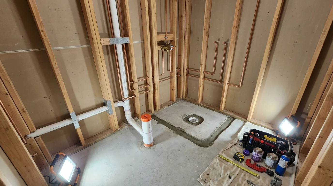 Bathroom rough-in plumbing during remodel by Johns Plumbing LLC in Vineland