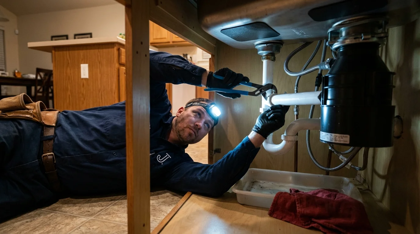 P-trap and supply line connections under a kitchen sink showing a common leak point in Vineland, NJ